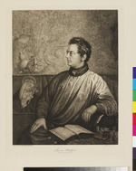 Clemens Brentano, Porträt im Dreiviertelprofil nach links, im Hintergrund eine Tapete mit Motiven aus Brentanos Märchen "Gockel, Hinkel und Gackeleia" (Stoll 56)