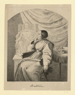 Bettina von Arnim, geb. Brentano, in einem Sessel sitzend, im Profil nach links, im Hintergrund das Modell ihres Goethedenkmals, Darstellung oben gerundet (Stoll 52)
