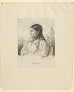 Bettina von Arnim, geb. Brentano, Porträt im Halbprofil nach links, sitzend, im Hintergrund Pflanzen und Wolken (Stoll 50 III)