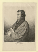 Wilhelm Grimm, Porträt im Dreiviertelprofil nach links, sitzend im akad. Talar (Stoll 42)