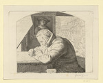 Carl Ernst Christoph Heß, Hüftbild, Porträt im Profil nach links, im Hintergrund zwei Gemälde von Rembrandt und Gerard David, Darstellung oben gerundet (Stoll 65)