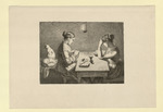 Klobes Abend (Nikolaus-Abend), zwei junge Frauen, die eine lesend, die andere strickend, sitzen sich bei Lampenlicht an einem Tisch gegenüber, auf dem Tisch Grimms Märchen, 2. Band von 1850