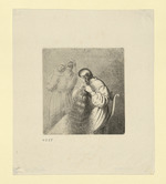 Marie Grimm, geb. Böttner, sitzend ihr langes Haar flechtend, im Hintergrund die Tochter Friederike auf dem Arm einer Magd (Stoll 141)