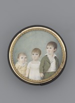 Runde Schildpattdose mit doppelseitiger Miniaturmalerei auf Elfenbein: Mutter mit vier Kindern