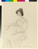Bildnis einer jungen Frau mit dunklem lockigem Haar, an einem Tisch sitzend, in ganzer Figur