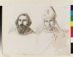 Zwei Studienköpfe, links: bärtiger Mann von vorn, leicht aufwärtsblickend, rechts: Kopf eines Bischofs, ebenfalls leicht nach oben schauend