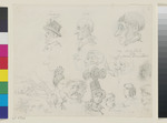 Skizzenblatt mit Portraitkarikaturen, Kopfstudien und einer Landschaftsskizze; Verso: Karikatur König Jérômes
